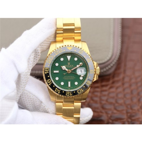 High End Replica Swiss Rolex GMT-Master II Green Dial 18K Yellow Gold Oyster Bracelet Automatic Men's Watch 116718