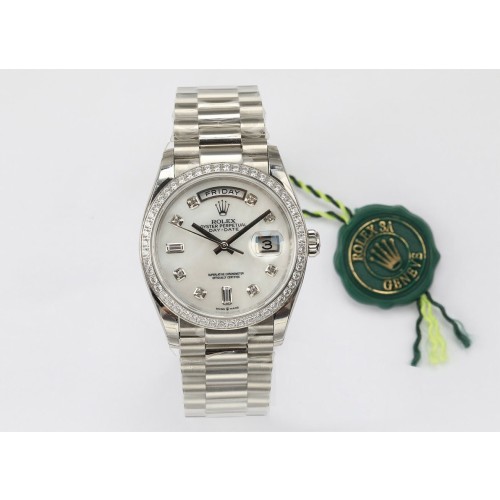 High End Replica Swiss Rolex Day-Date 36 Mother of Pearl Dial Diamond-Set Bezel Unisex Watch 128349