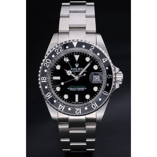 Rolex Gmt-Master Swiss Movement Silver Watch Black Dial
