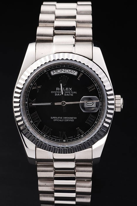 Rolex Day-Date Swiss Movement Quality Replica Watches Automatic  Silver Watch Black Dial 44mm