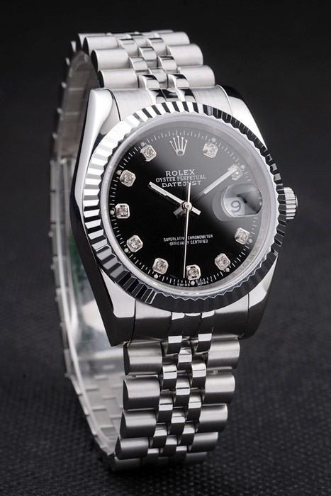 Rolex Datejust Swiss Movement Replica Watches Silver Watch Black Dial 44mm