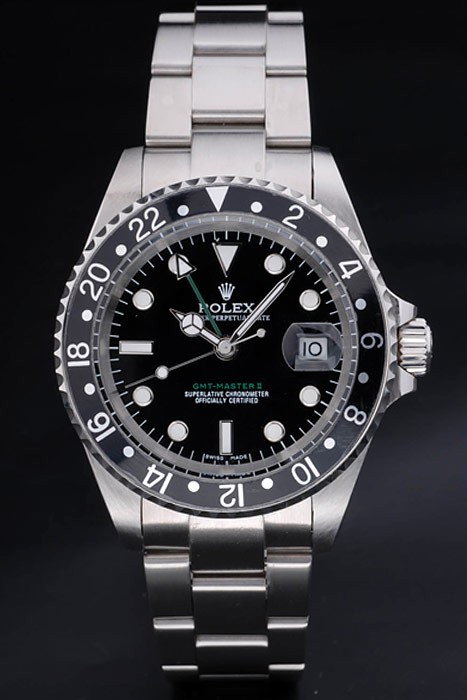 Rolex Gmt-Master Swiss Movement Silver Watch Black Dial