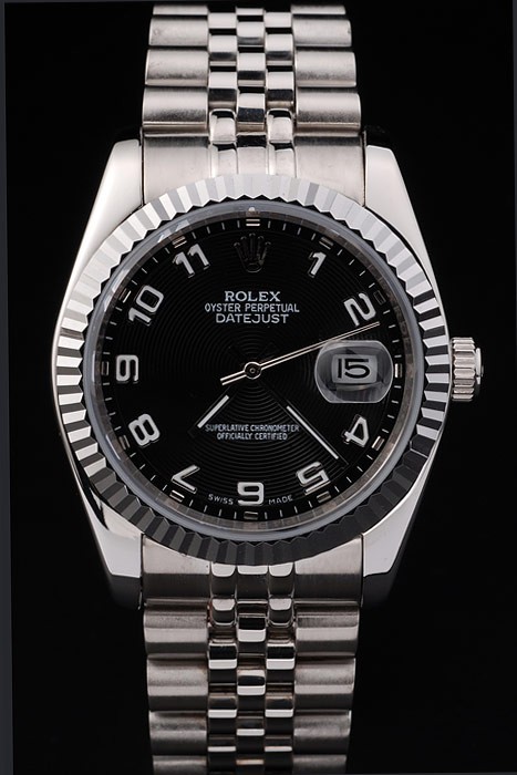 Rolex Datejust Swiss Movement Replica Watches Silver Watch Black Dial 44mm