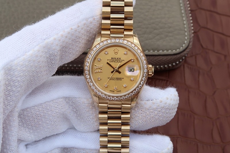 High End Replica Swiss Rolex Lady-Datejust Champagne Diamond Dial 18k Yellow Gold President Watch 279138
