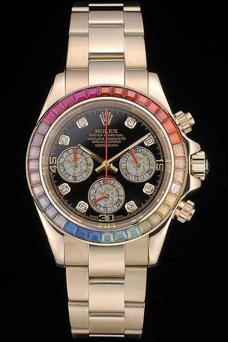 Rolex Daytona Cosmograph Swiss Movement Rainbow Crystals Bezel Rose Gold Strap Black Dial 49mm