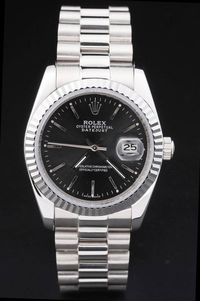 Rolex Datejust Swiss Movement Replica Watches Silver Watch Black Dial 44mm