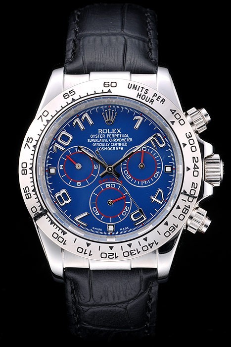 Rolex Daytona Swiss Movement Stainless Steel Case Blue Dial Black Leather Strap 48mm