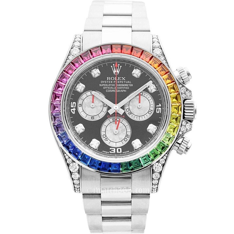 High End Replica Swiss Rolex Daytona White Gold Diamond Set Custom Rainbow 116599RBOW