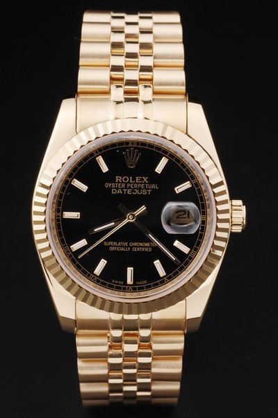 Rolex Datejust Swiss Movement Replica Watches Gold Watch Black Dial 44mm