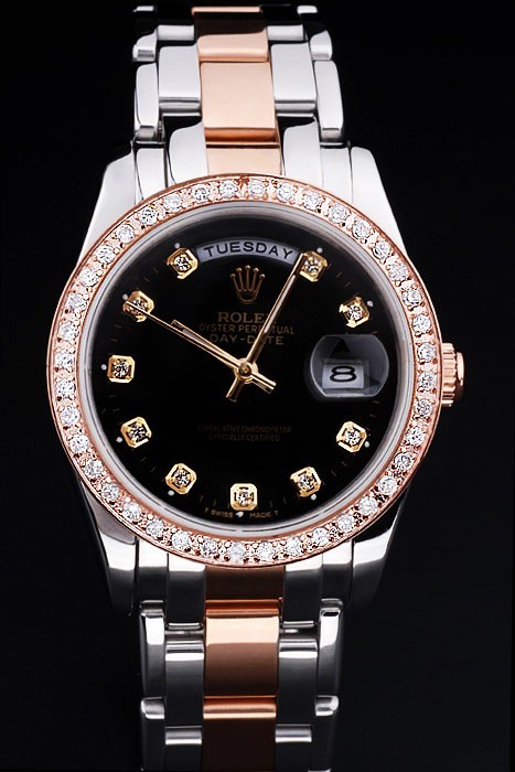 Rolex Day-Date Swiss Movement Quality Replica Watches  Automatic Gold And Silver Watch Silver Black Dial 33mm
