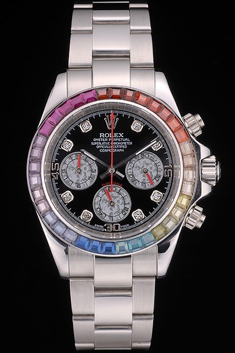 Rolex Daytona Cosmograph Swiss Movement Rainbow Crystals Bezel Stainless Steep Strap Black Dial 49mm