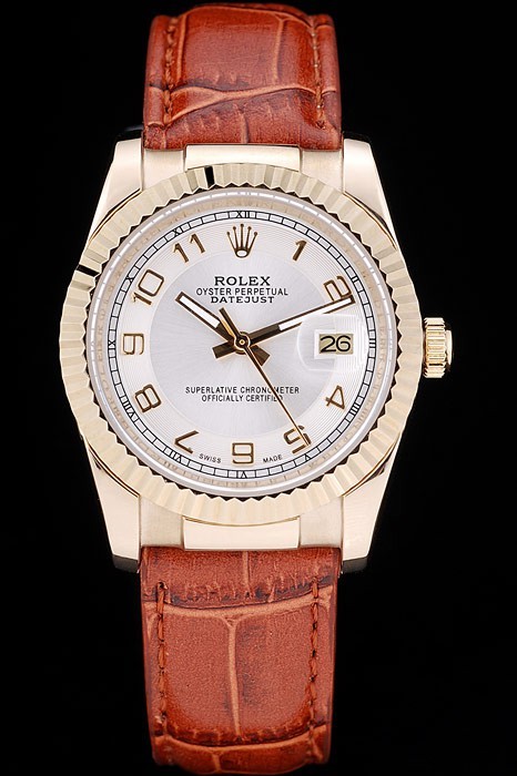 Rolex Datejust Swiss Movement Quality Replica Watches  Brown Leather strap White Dial 45mm