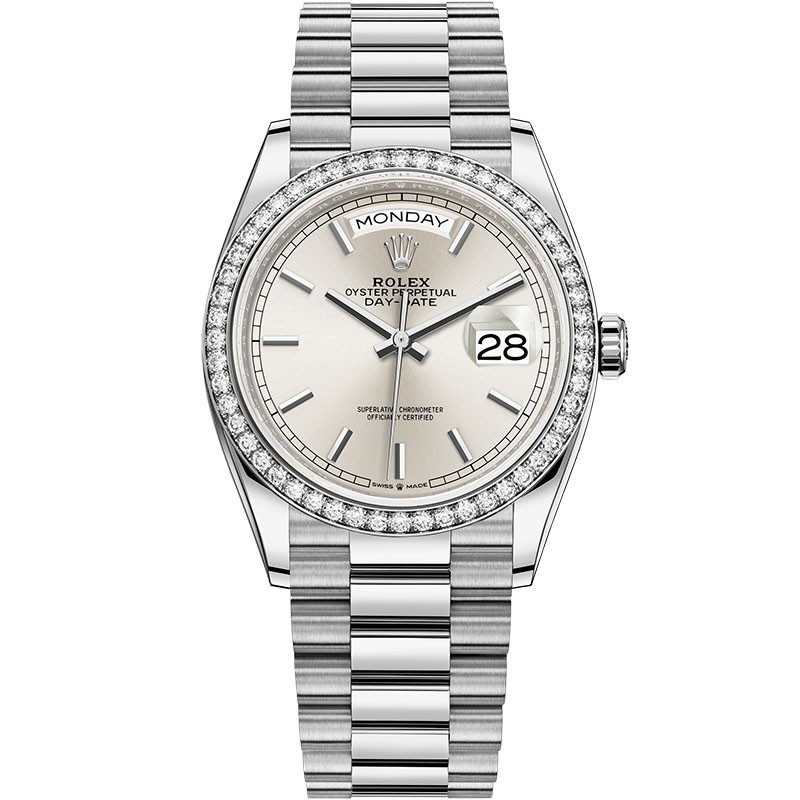 Replica Swiss Rolex Day-Date 36 Automatic Silver Dial 18k White Gold Unisex Watch 128349RBR