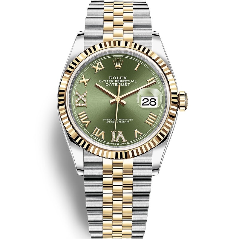 High End Replica Swiss Rolex  Datejust 36 Olive Green Diamond Dial Men's Jubilee Watch 126233