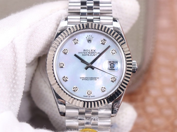 Replica Rolex Datejust 41 Swiss Automatic White Mother of Pearl Diamond Dial Men's Watch