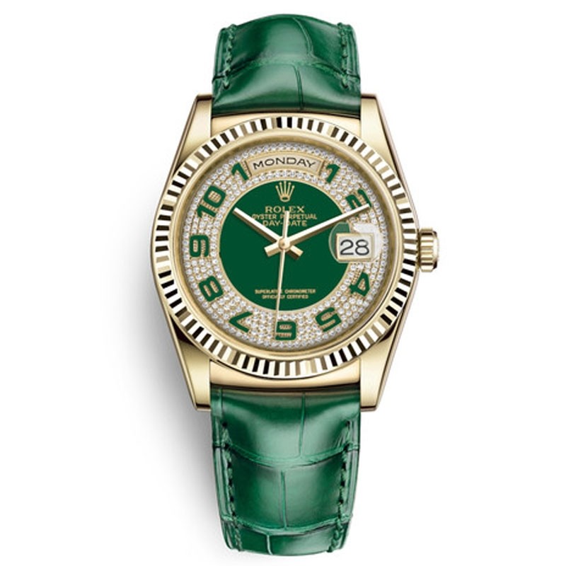 Replica Rolex Day-Date 118138 Pave Diamond Green Dial Leather Automatic Men's Watch