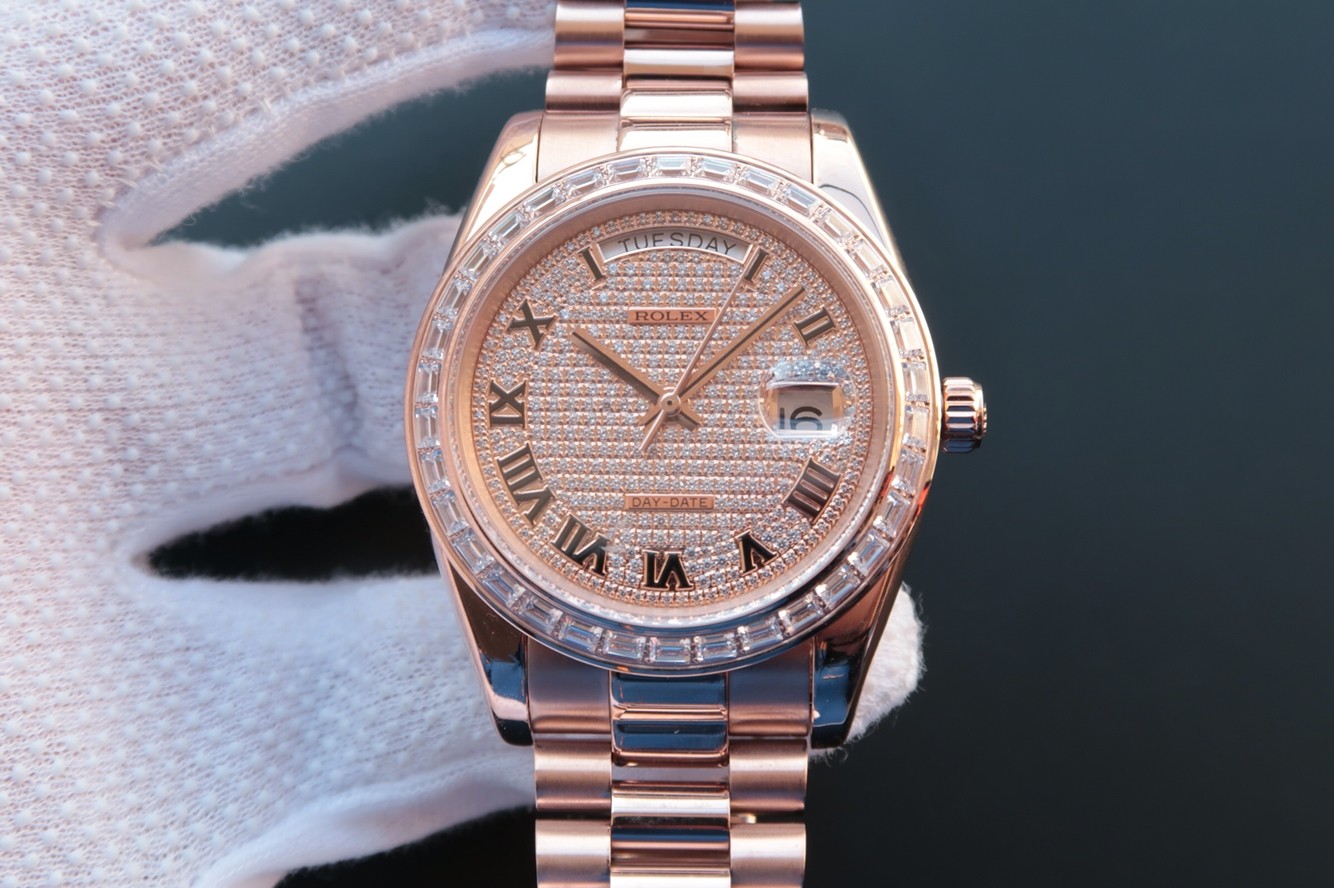 Replica Rolex Day-Date Pave Diamond Everose Gold Automatic Unisex Watch 218399 