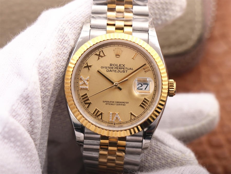 Replica Swiss Rolex Datejust 36 Champagne Diamond Dial Men's Jubilee Watch 126233 High End