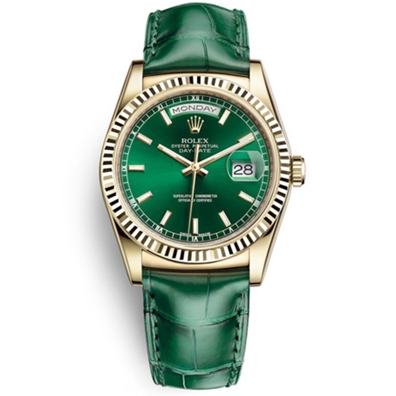 Replica Swiss Rolex Day-Date 36  President Automatic Green Dial Green Leather Men's Watch