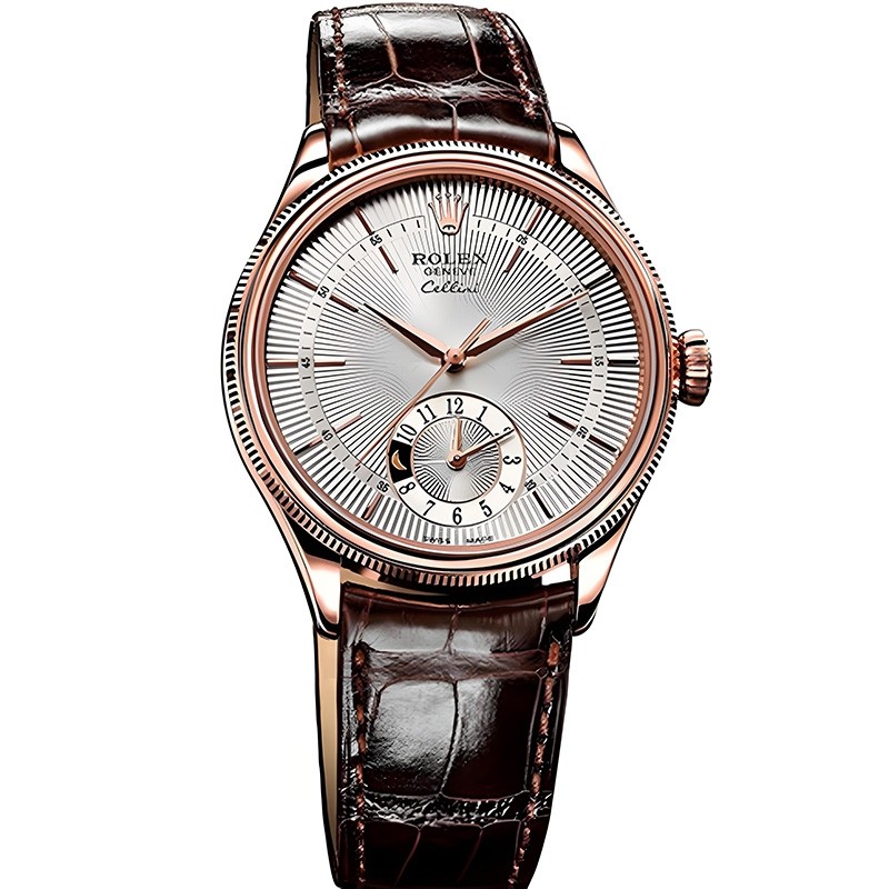 High End Swiss Rolex Cellini Dual Time Silver Dial 18k Rose Gold Replica Men's Watch 50525