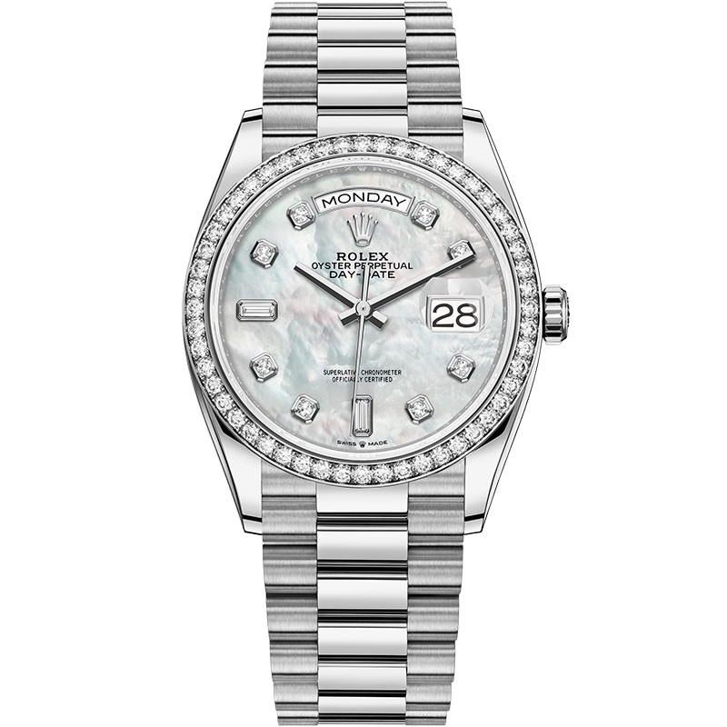 High End Replica Swiss Rolex Day-Date 36 Mother of Pearl Dial Diamond-Set Bezel Unisex Watch 128349