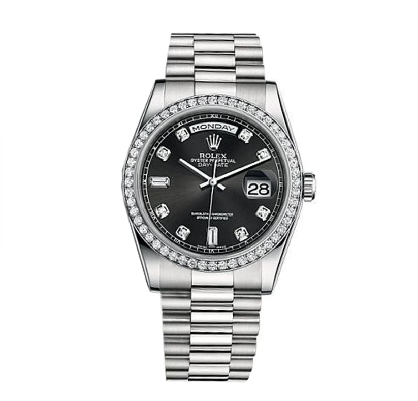 Replica Swiss Rolex Day-Date Automatic Black Diamond Dial Stainless Steel Men's Watch 