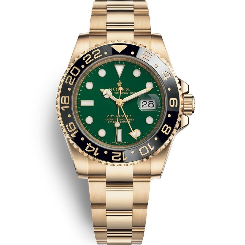 High End Replica Swiss Rolex GMT-Master II Green Dial 18K Yellow Gold Oyster Bracelet Automatic Men's Watch 116718