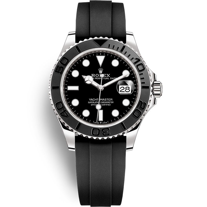 Replica Swiss Rolex Yacht-Master 116655 Black Dial White Gold Black Rubber Strap Men's Watch 40mm 