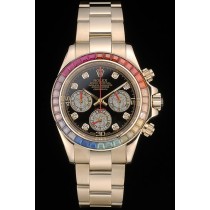 Rolex Daytona Cosmograph Swiss Movement Rainbow Crystals Bezel Rose Gold Strap Black Dial 49mm