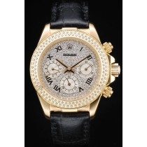Rolex Daytona Swiss Movement Replica Watches Black Leather strap Watch Diamond Bezel Diamond Dial 44mm