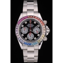 Rolex Daytona Cosmograph Swiss Movement Rainbow Crystals Bezel Stainless Steep Strap Black Dial 49mm