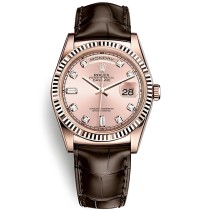 Replica Swiss Rolex Day-Date 36 President Automatic Pink Diamond Dial Black Leather Men's Watch