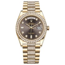 High End Replica Swiss Rolex Day-Date 36 Chocolate Diamond Dial 18k Yellow Gold President Watch 128348