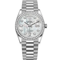 High End Replica Swiss Rolex Day-Date 36 Mother of Pearl Dial Diamond-Set Bezel Unisex Watch 128349