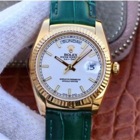 Swiss Replica Rolex Day-Date 36  President Automatic White Dial Green Leather Men's Watch 118138