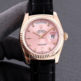 Replica Swiss Rolex Day-Date 36 President Automatic Pink Diamond Dial Black Leather Men's Watch