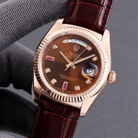 Replica Swiss Rolex Day-Date 36 President Automatic Chocolate Diamond Dial Leather Men's Watch