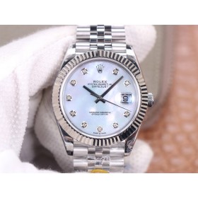 Replica Rolex Datejust 41 Swiss Automatic White Mother of Pearl Diamond Dial Men's Watch
