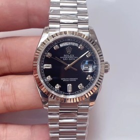 Replica Swiss Rolex Day-Date 36 Automatic Black Diamond Dial Stainless Steel Men's Watch 128239