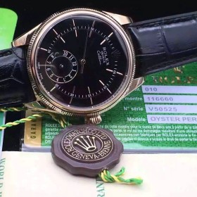 High End Swiss Rolex Cellini Dual Time Black Dial 18k Rose Gold Replica Men's Watch 50525