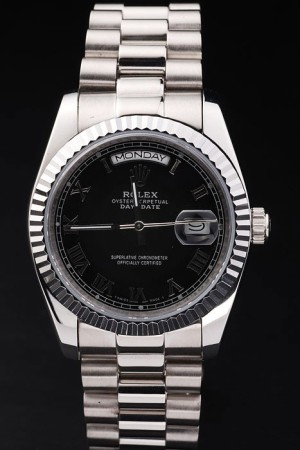 Rolex Day-Date Swiss Movement Quality Replica Watches Automatic  Silver Watch Black Dial 44mm