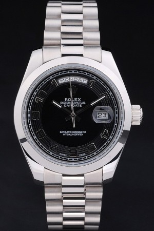 Swiss Movement Rolex Daydate Stainless Steel Bracelet Black Dial 49mm