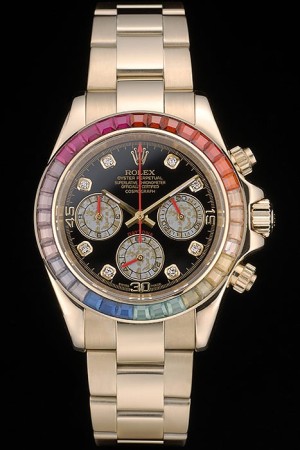 Rolex Daytona Cosmograph Swiss Movement Rainbow Crystals Bezel Rose Gold Strap Black Dial 49mm