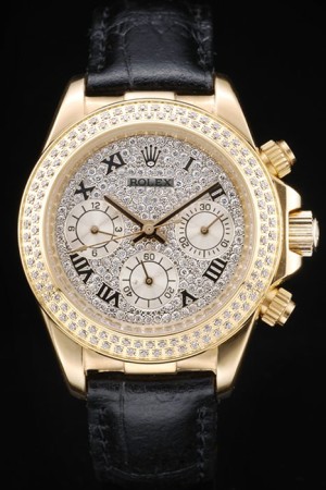 Rolex Daytona Swiss Movement Replica Watches Black Leather strap Watch Diamond Bezel Diamond Dial 44mm