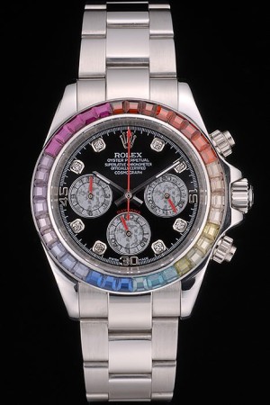 Rolex Daytona Cosmograph Swiss Movement Rainbow Crystals Bezel Stainless Steep Strap Black Dial 49mm