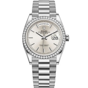 Replica Swiss Rolex Day-Date 36 Automatic Silver Dial 18k White Gold Unisex Watch 128349RBR