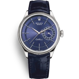 Replica High End Swiss Rolex Cellini 50515 Dual Time Blue Dial 18k White Gold Men's Watch 