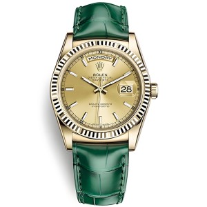 Replica Swiss Rolex Day-Date 36 President Automatic Champagne Dial Green Leather Men's Watch