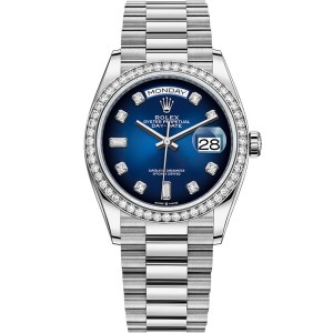 High End Replica Swiss Rolex Day-Date 36 Blue Dial 18k White Gold Diamond-Set President Watch 128349