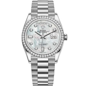 High End Replica Swiss Rolex Day-Date 36 Mother of Pearl Dial Diamond-Set Bezel Unisex Watch 128349